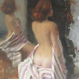 Seated Nude, Half-Draped with Violet Striped Cloth by Michael Alford