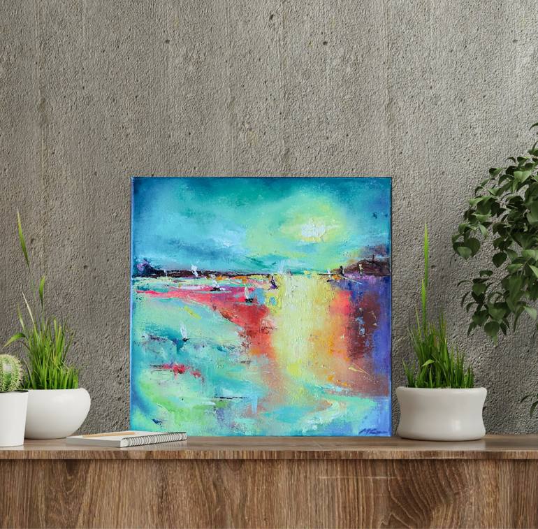 Original Abstract Sailboat Painting by Miruna Cojanu