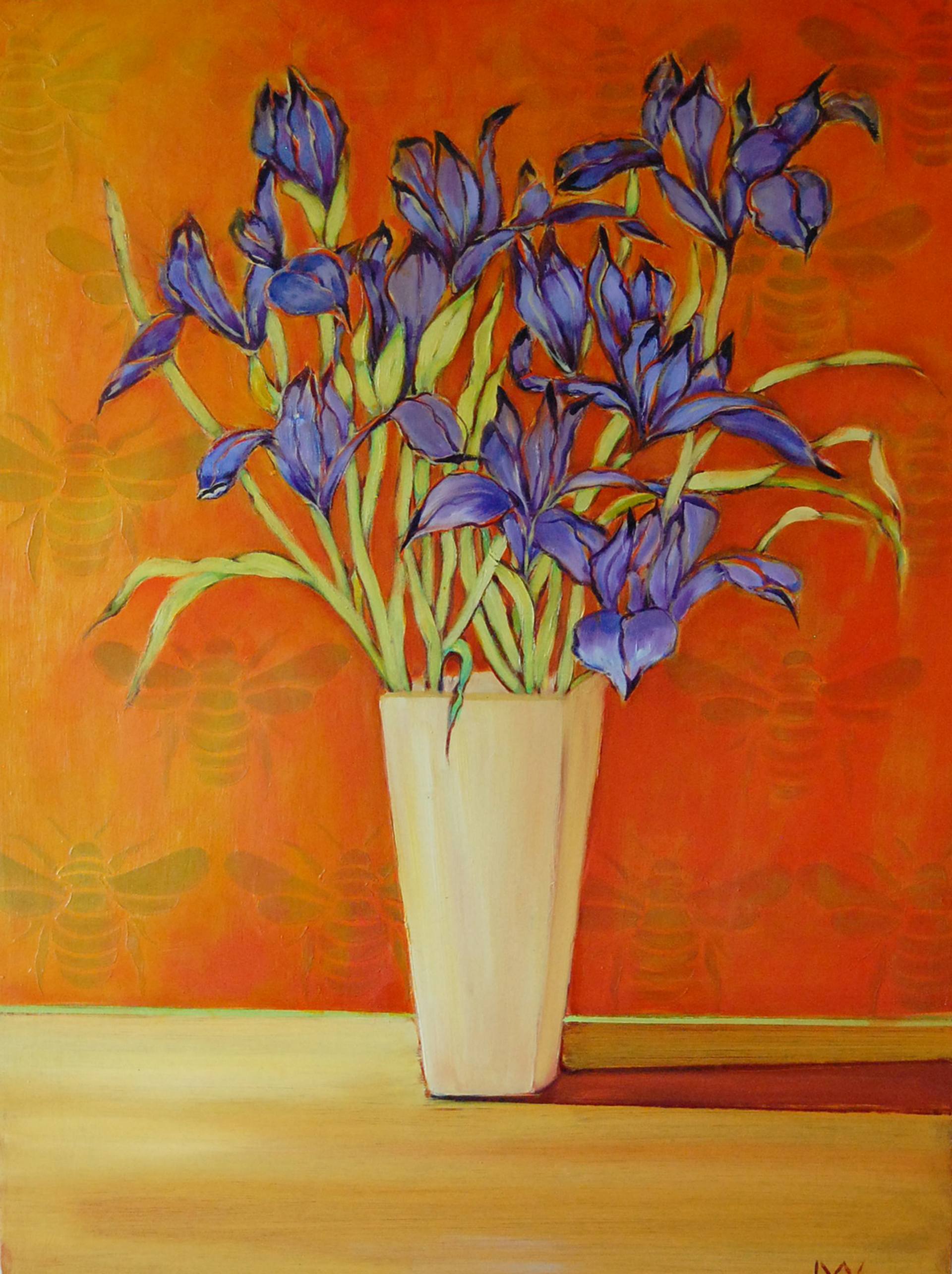 IRIS IN TALL YELLOW VASE Painting by Leslie Winokur | Saatchi Art