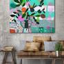 A bright and colourful abstract flowering plant in shades of jade with pinks and orange. Patterned designs run throughout.
Sides of canvas are painted a very light grey. Ready to hang.