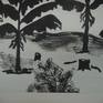 silhouette painting of Banana field in moon light. painted in Pop style in shades of green.