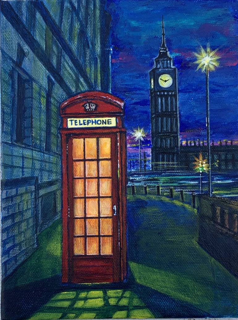 LONDON TELEPHONE BOOTH painting Original Art