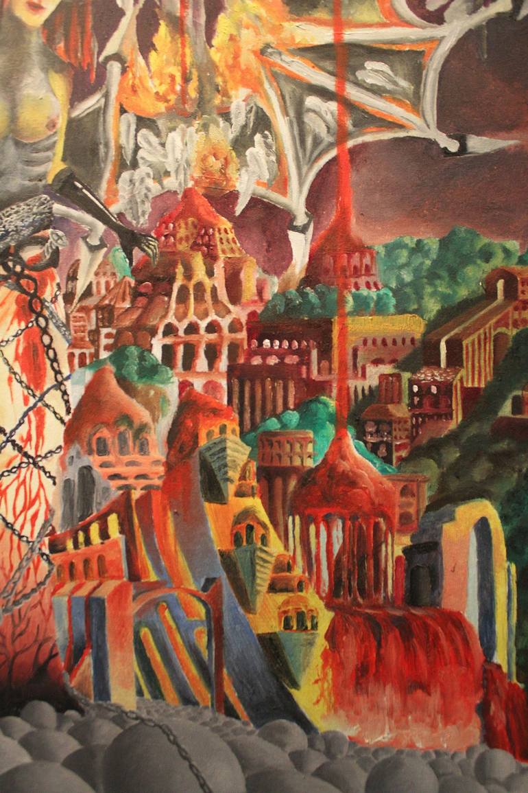 Original Surrealism Cities Painting by Adomas Storpirstis