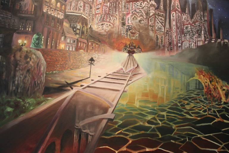 Original Surrealism Cities Painting by Adomas Storpirstis