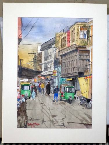 Citiscape Watercolor Rawalpindi Bhabra Bazar on Paper thumb