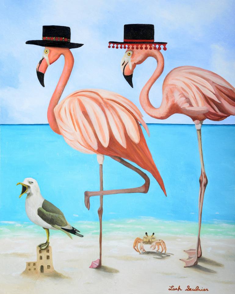 Flamenco Flamingo's And The Singing Seagull - Print