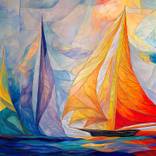 Vibrant Sailboats on a Colorful Abstract Sea Nautical Graphic Art by OLena  Art