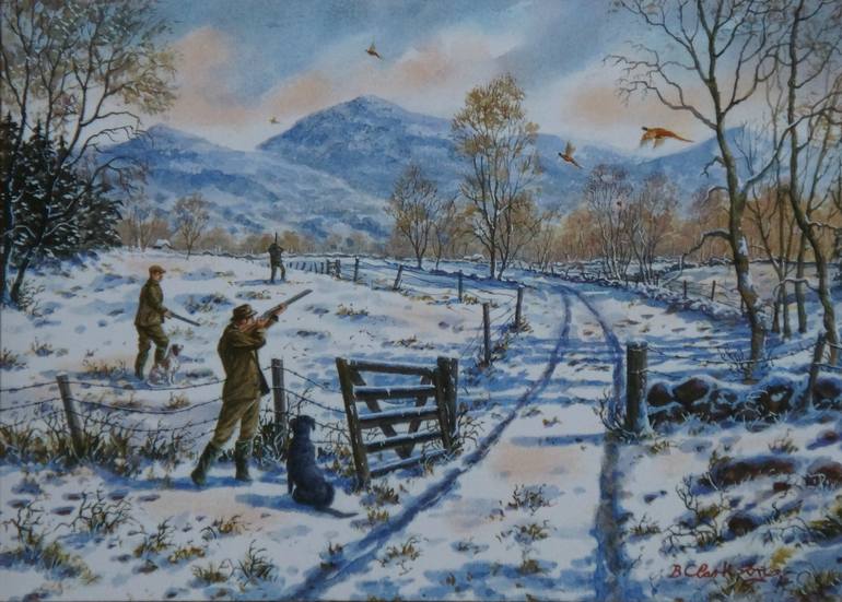 Shooting Pheasants in the Snow Painting by Brian Clarkson | Saatchi Art