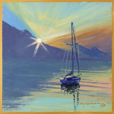 A New Day on Garda Lake, Italy Landscape, Sunset Painting thumb