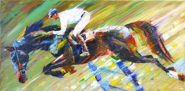 GRACEFUL HORSE LEAP: DYNAMIC EQUESTRIAN ARTWORK IN OIL COLORS thumb