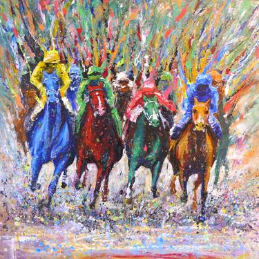 EXPRESSIVE HORSE RACE, ACRYLIC PAINTING WITH ENERGY AND COURAGE thumb