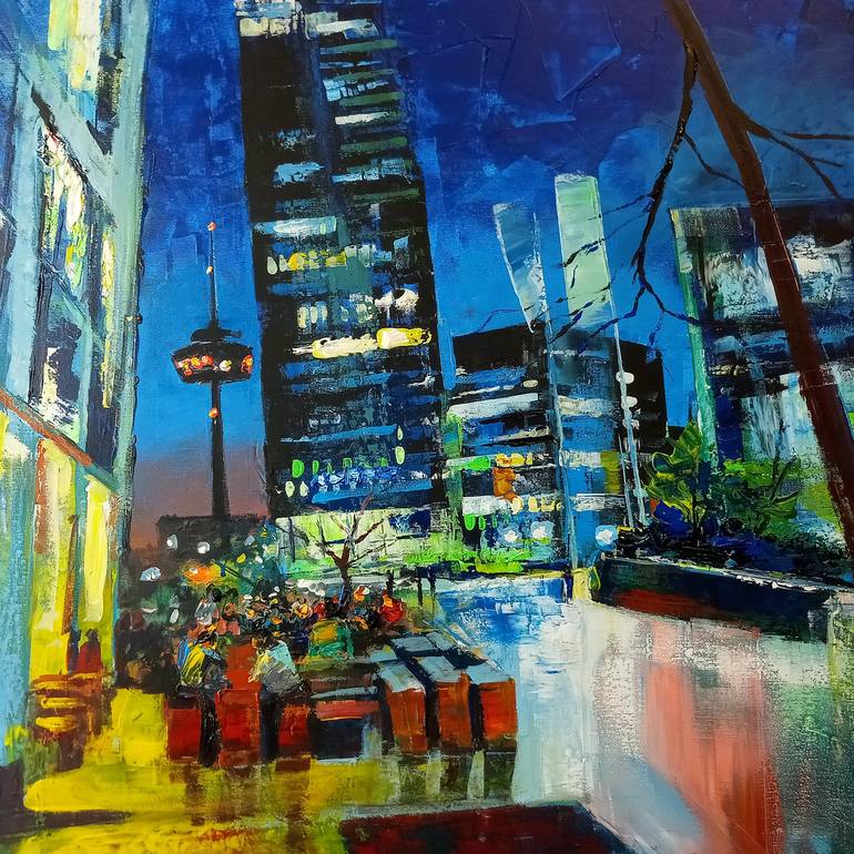 Original Cityscape Scenery of Cologne City made with Acrylic Paints on  Canvas, Night City Lights with a Cozy Urban Scene, Medium Size Wall Art