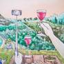 A detail close-up of the painting Our Dream House in Mediterranean Landscape. Mediterranean red wine, sheep cheese, olives and 'fuži', a pasta with tartufata- perfect occasion to make a selfie.
