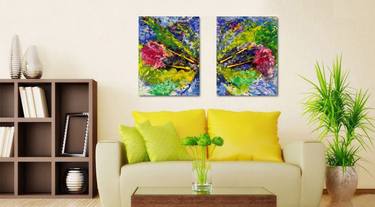 Contemporary Abstract, Modern, Hand-Painted, Diptych Painting, ''Soul Mates'' thumb