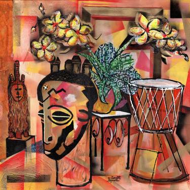 Still Life with Orchids, Djembe and African Masks thumb