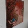 "The mercy" showes a portrait of a girl with flaming red hair as an image of fire, a woman gently holding a bird of bright blue, as a protection from herself disastrous heat. The painting was done using a brush and palette knife.
Oil on stretched canvas 50 x 50 x 2 cm. All sides are painted, ready to hang.