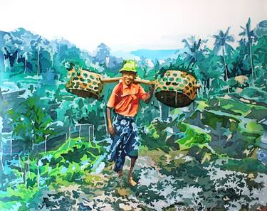 A typical day of Balinese farmer on rice terraces thumb
