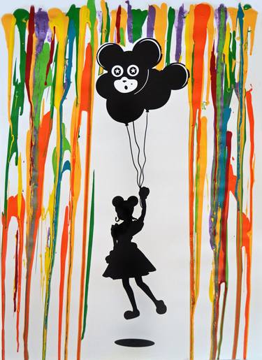 Girl With Mouse Ears Flying With Mouse Mask Balloons Thru Paint Drip Rain thumb