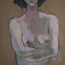 A life drawing of a young woman in a determined pose. Arms folded but in a relaxed and natural sitting position. Drawn with thin willow charcoal and painted as a study with thin layers of acrylic paint.
