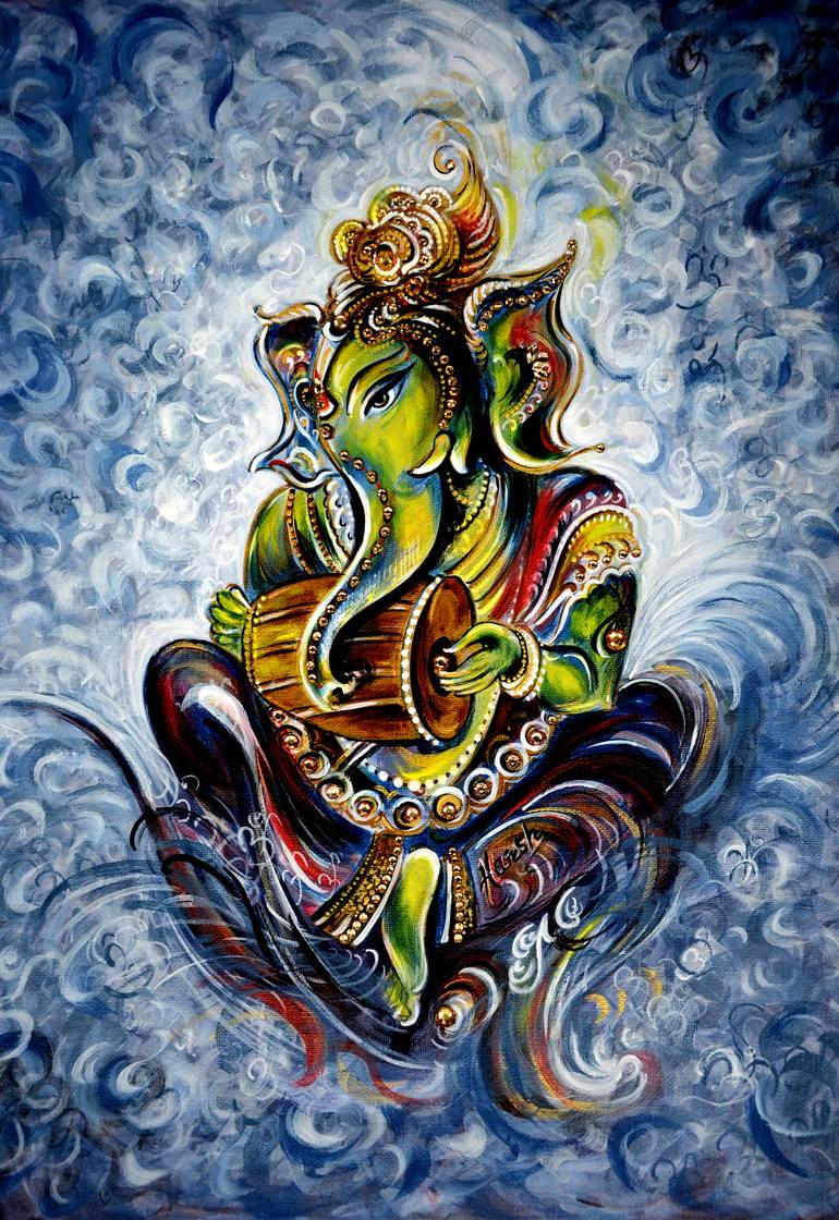 Ganesha Playing Tanpura, enjoying Lyrics, Modern, Abstract Painting, Hindu  Mythology, Elephant, Ganesh, Contemporary, Musical by Harsh Malik