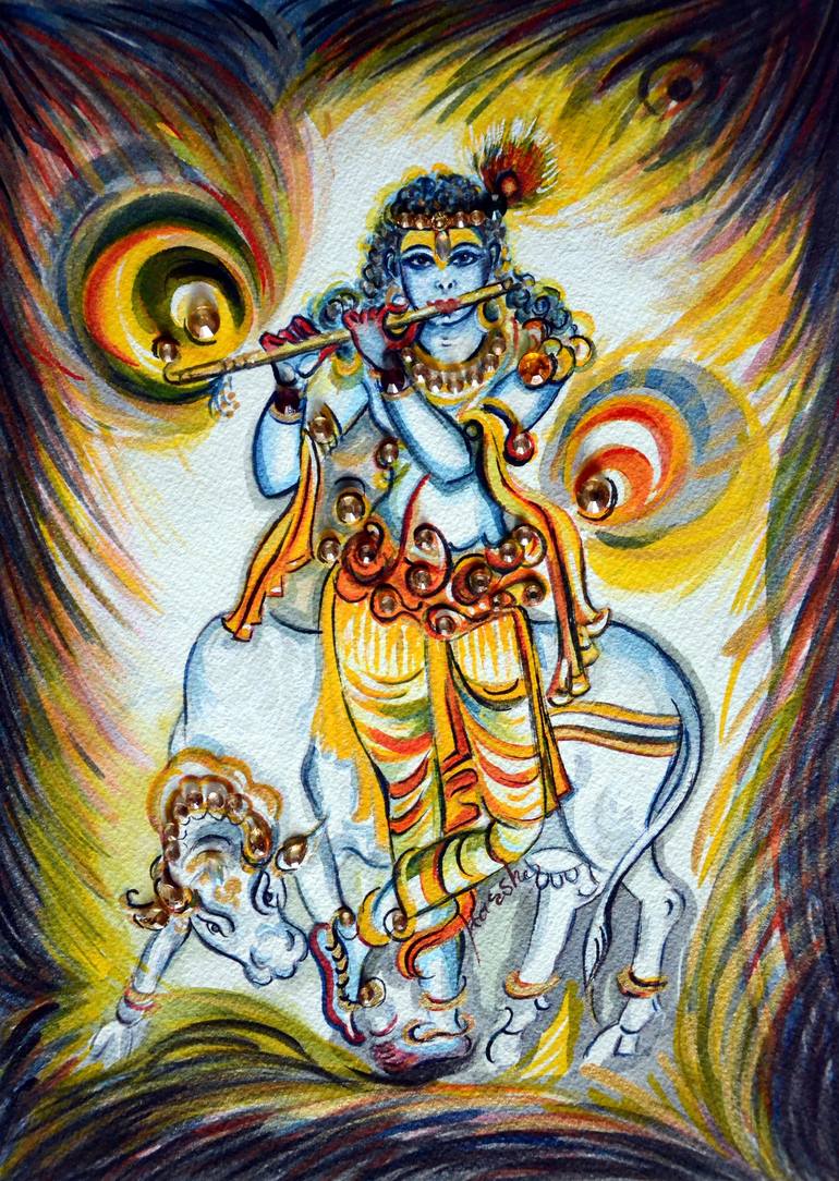 Krishna - Flute - Cow Painting by Harsh Malik | Saatchi Art