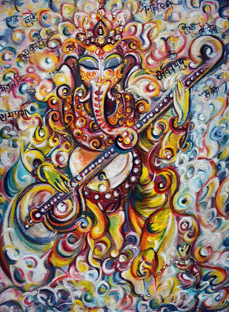 Ganesha Playing Tanpura, enjoying Lyrics, Modern, Abstract Painting, Hindu  Mythology, Elephant, Ganesh, Contemporary, Musical by Harsh Malik