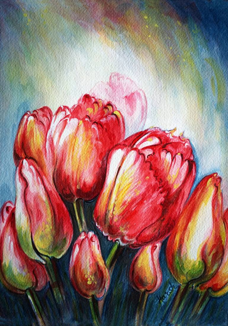 High in the sky - Bright tulips Painting by Harsh Malik | Saatchi Art