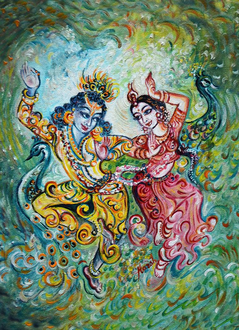 Radha Krishna dancing - peacocks Painting by Harsh Malik | Saatchi Art