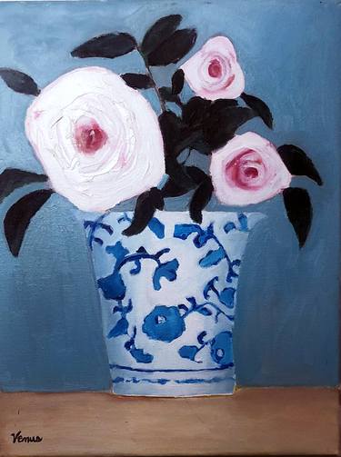 Pink Roses In a Porcelain Vase thumb