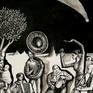 This is one of a series of works that offer a parodic and evocative treatment of Christian Nativity iconography.