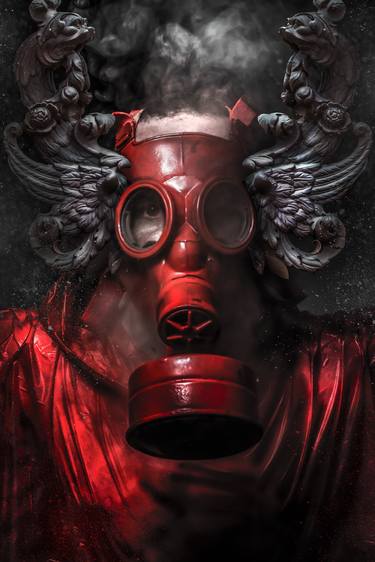 Nuclear attack. A man in a gas mask in the smoke. artistic background thumb