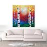 'Exuberant Autumn' aspen and birch trees in the fall, displayed insitu in a modern contemporary living room.