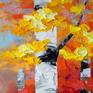 Close up detail of vibrant color and thick three-dimensional impasto texture of birch tree bark and autumn leaves.