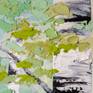 'Among the Forest Floor' aspen and birch tree landscape painting by artist Melissa McKinnon, detail image of birch tree trunk, green leaves and layers of thick impasto texture.