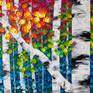 'Vibrant Autumn' close up detail of vibrant color and thick three-dimensional impasto texture of aspen and birch trees and fall leaves..