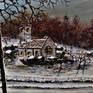 Award winning illustration of a small welsh village , many years ago when the snow is thick on the ground and the clock is striking midnight. Textured and layered , with pallet knife and brush.