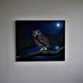Textured atmopheric painting of an owl waching over a lake, illuminated by a full moon,
painted in layers with pallet knife and brush.