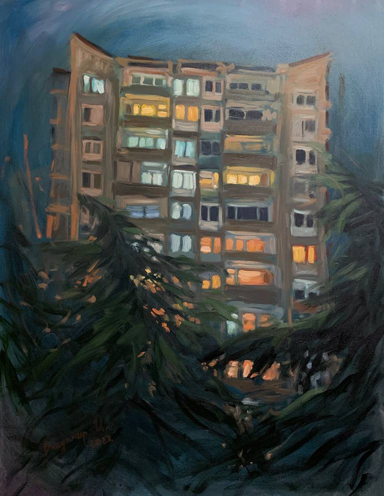 Original Architecture Painting by Vladimir Ilievski | Realism Art on Canvas | Pines and Windows