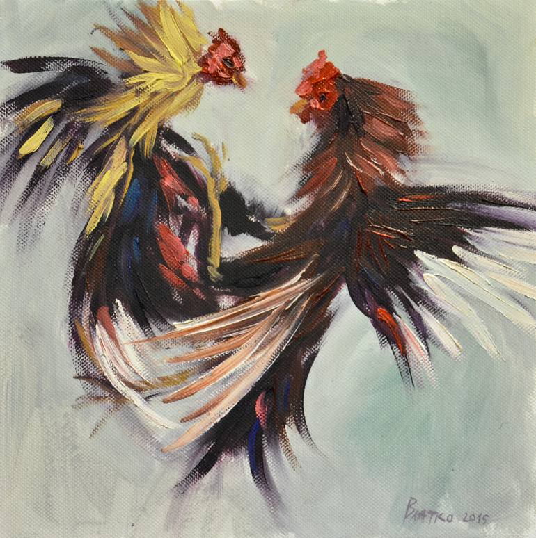 Rooster fight part of poliptych of 25 small paintings composed in one big picture