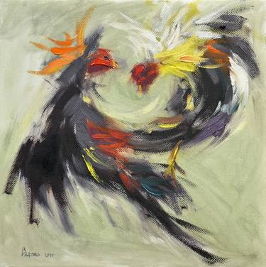 Rooster fight (part of poliptych of 25 small paintings composed in one big picture) thumb