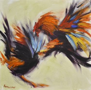 Rooster fight (part of poliptych of 25 small paintings composed in one big picture) thumb