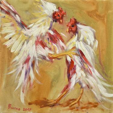 Rooster fight (part of poliptych of 25 small paintings composed in one big picture) thumb