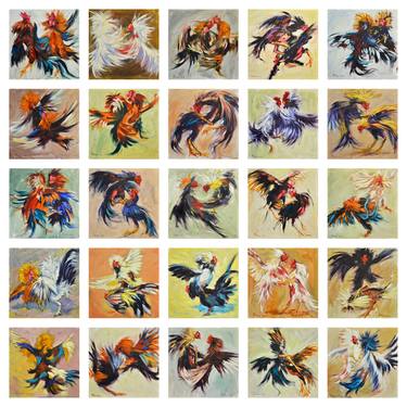 Rooster fight, (poliptych of 25 small paintings) thumb