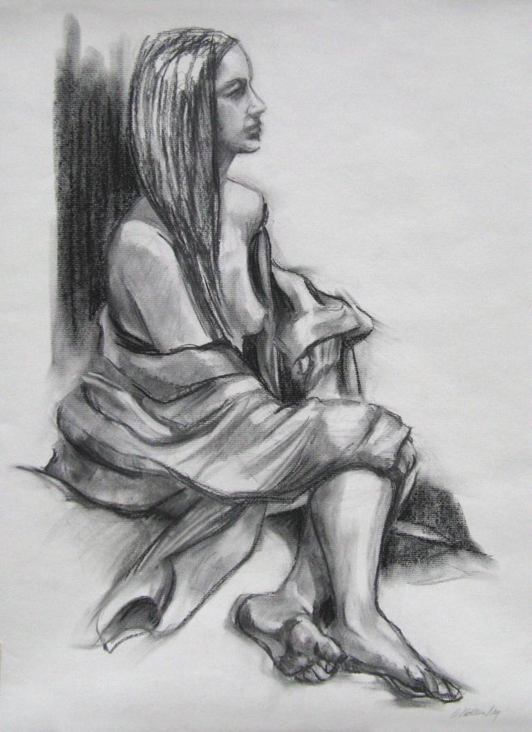 Robed Female Figure charcoal drawing Drawing by Kathleen Ney Saatchi Art