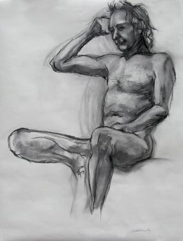 Seated Male XI, charcoal drawing thumb