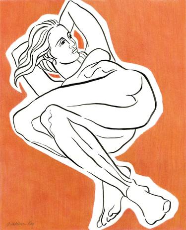 Female Figure in Tangerine, Contemporary Minimalist Figurative Ink and Pastel Drawing thumb