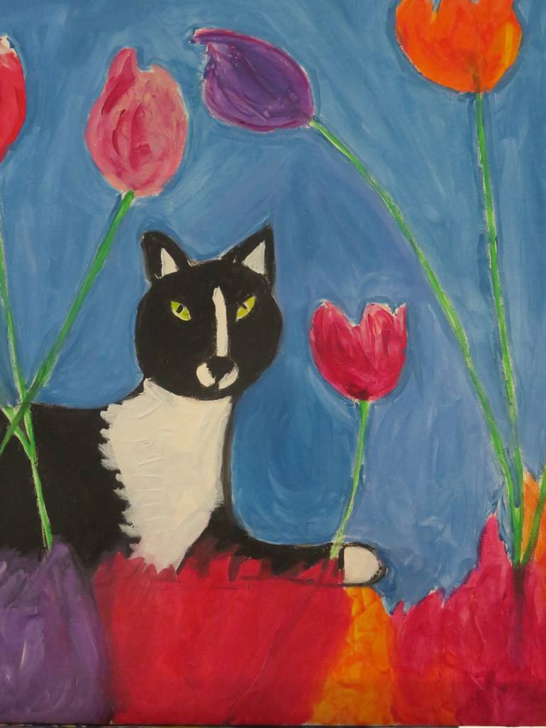 Original Expressionism Cats Painting by Pam Malone