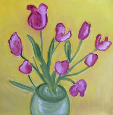 PINK TULIPS IN A GREEN VASE thumb