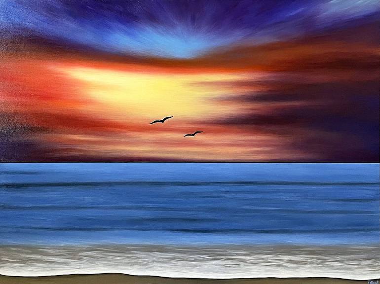 Large Sunset Painting Set of 2 Paintings Seascape Canvas Art Acrylic S