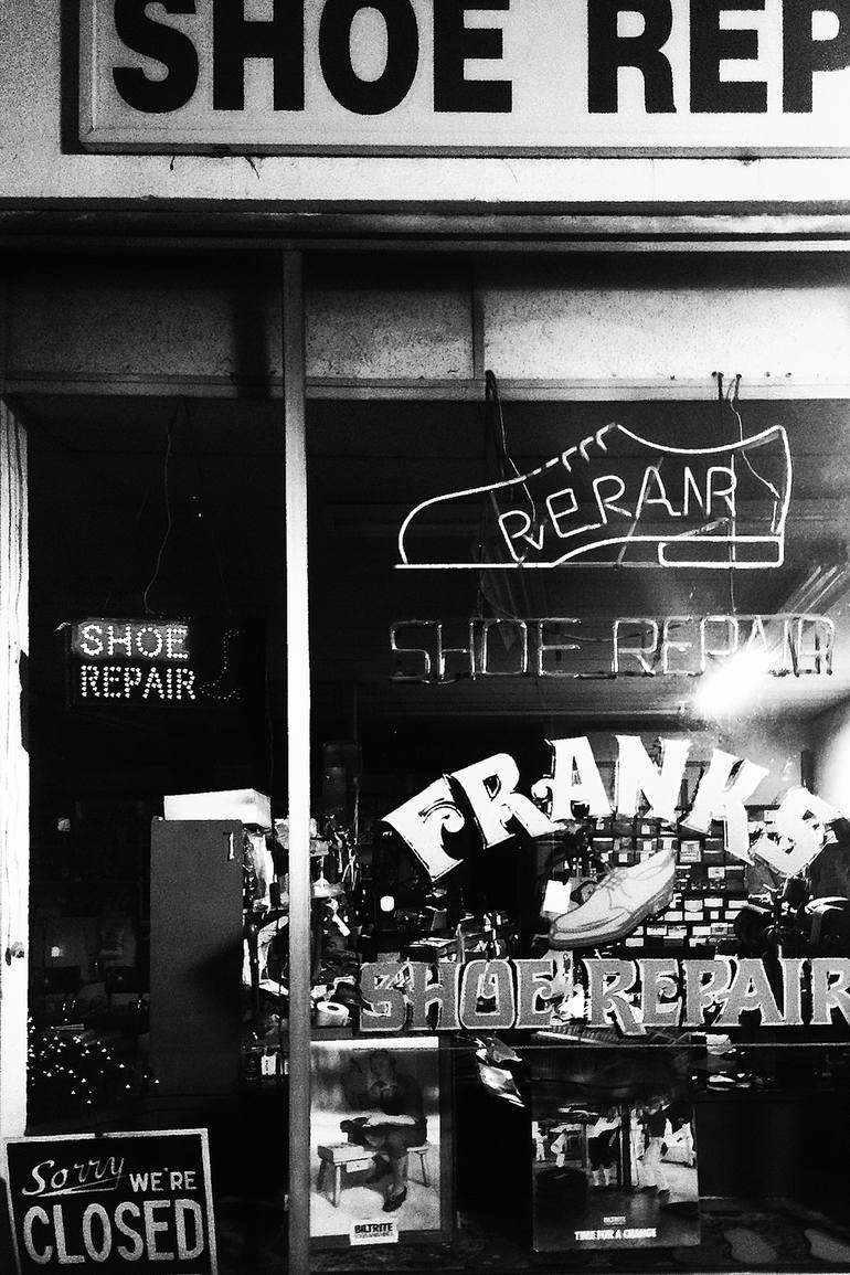 shoe repair: good universe next door; iphone night photo manipulated in  photoshop Photography by Jeffrey Yount | Saatchi Art